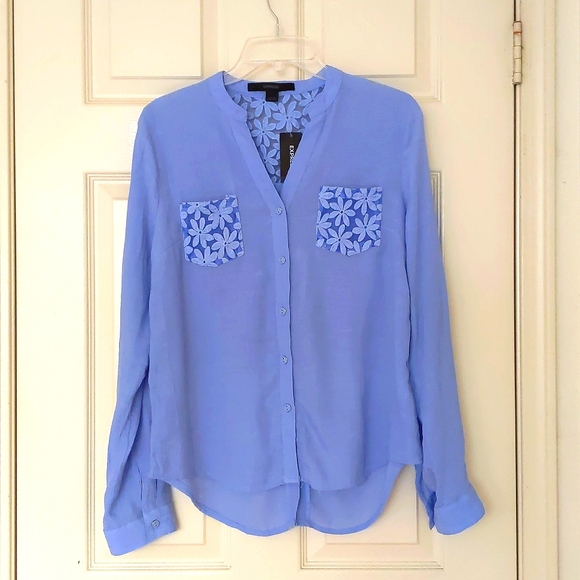 Express Tops - NWT. Express Button-Down Shirt with embroidery/sheer fabric pockets and back.